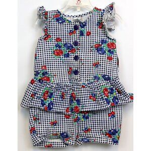 Vtg 80s Gitano Girl 3T Romper Shorts 1pc Peplum Skirt Flowers Rose Summer Ruffle